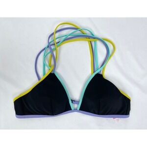 Victoria Secret Medium Black Strappy Swim Suit Bikini Top Padded Blue Yellow